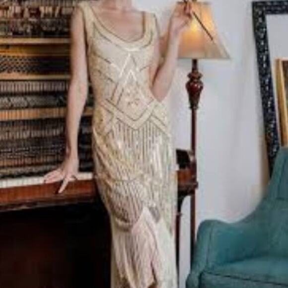 Unique Vintage 1920s Flapper Fringe Beaded Sequins Fringe Ivory dress Sz M #25 - Picture 1 of 6